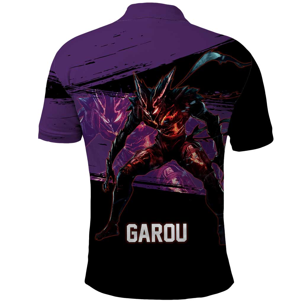Garou One Punch Man Anime Purple and Black Theme Polo Shirt with Hero and Monster Forms in Dynamic Battle Pose - The Mazicc
