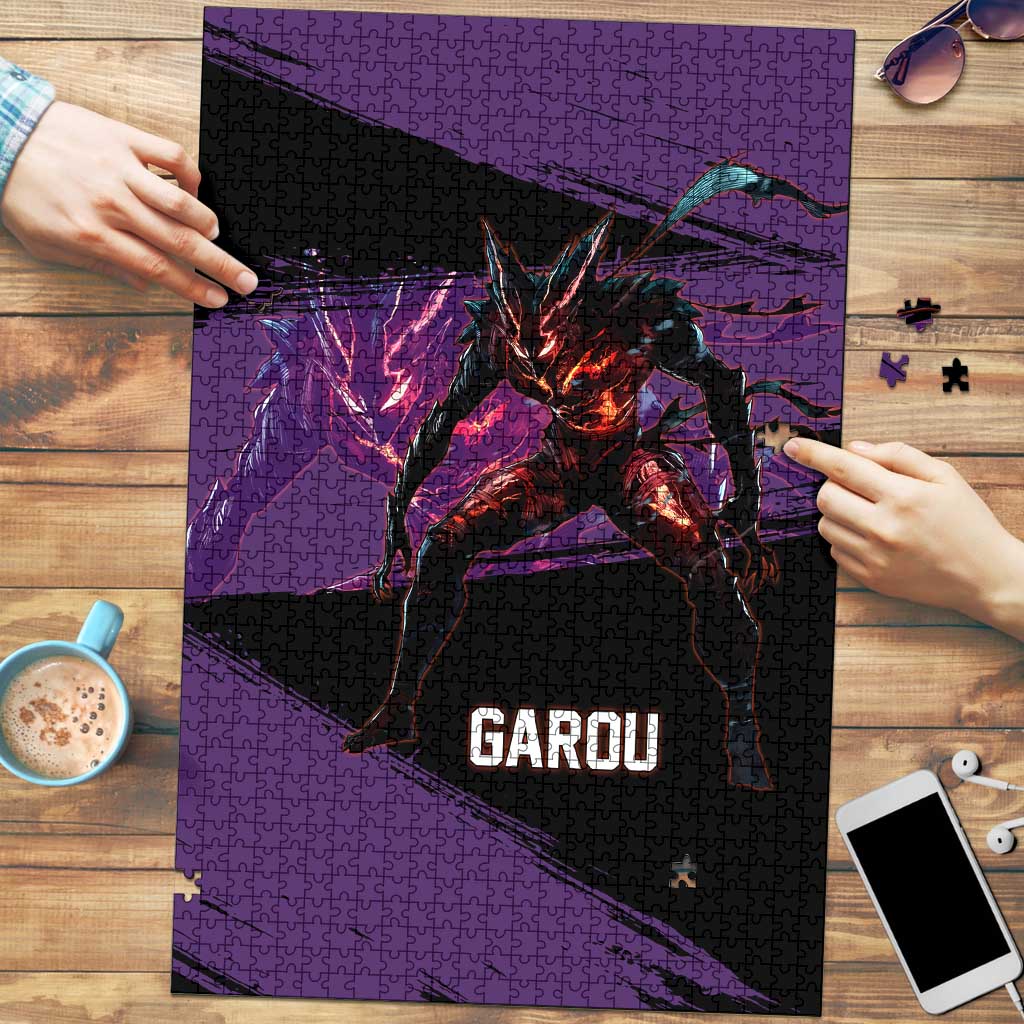 Garou One Punch Man Anime Purple and Black Theme Puzzle with Hero and Monster Forms in Dynamic Battle Pose - The Mazicc