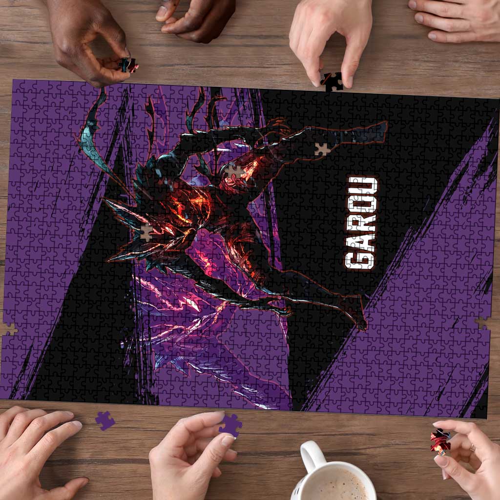 Garou One Punch Man Anime Purple and Black Theme Puzzle with Hero and Monster Forms in Dynamic Battle Pose - The Mazicc
