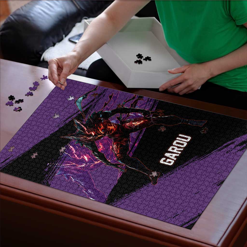 Garou One Punch Man Anime Purple and Black Theme Puzzle with Hero and Monster Forms in Dynamic Battle Pose - The Mazicc