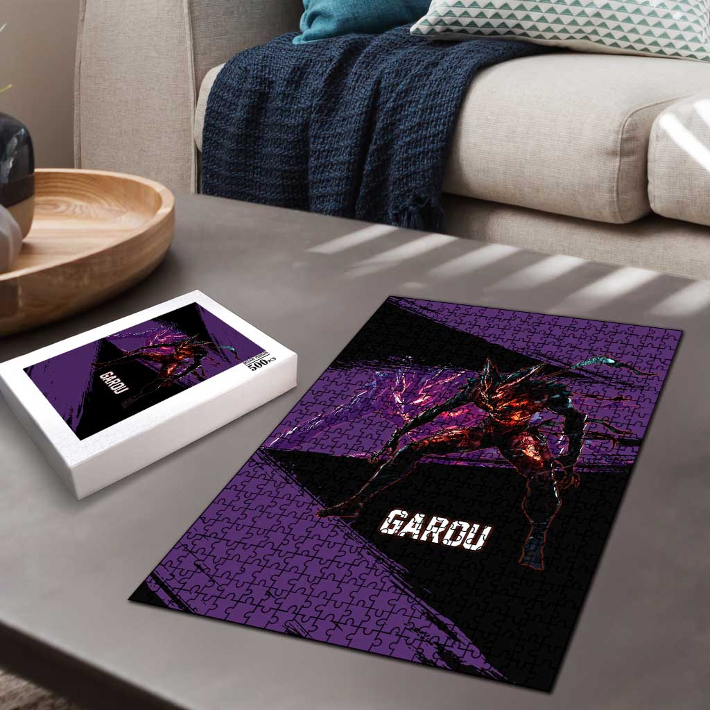 Garou One Punch Man Anime Purple and Black Theme Puzzle with Hero and Monster Forms in Dynamic Battle Pose - The Mazicc