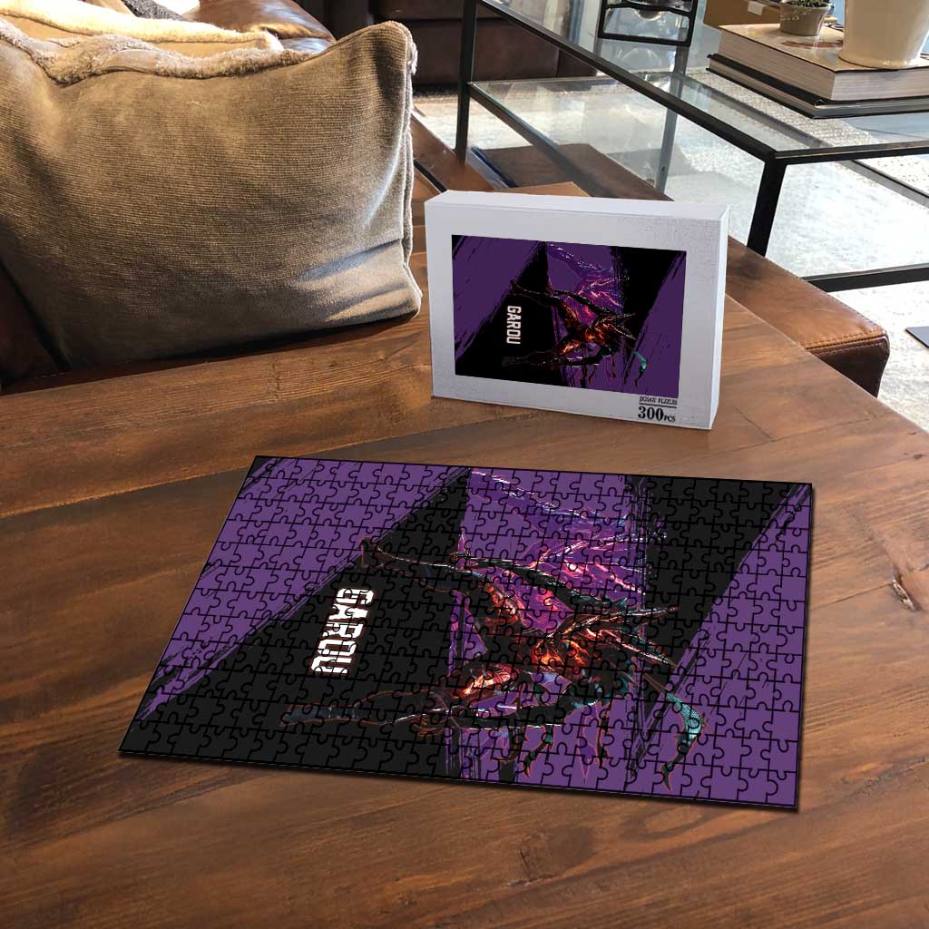 Garou One Punch Man Anime Purple and Black Theme Puzzle with Hero and Monster Forms in Dynamic Battle Pose - The Mazicc