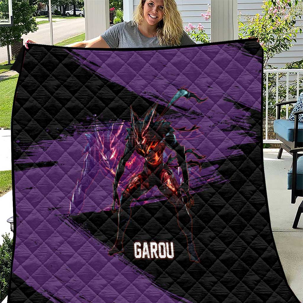 Garou One Punch Man Anime Purple and Black Theme Quilt with Hero and Monster Forms in Dynamic Battle Pose - The Mazicc