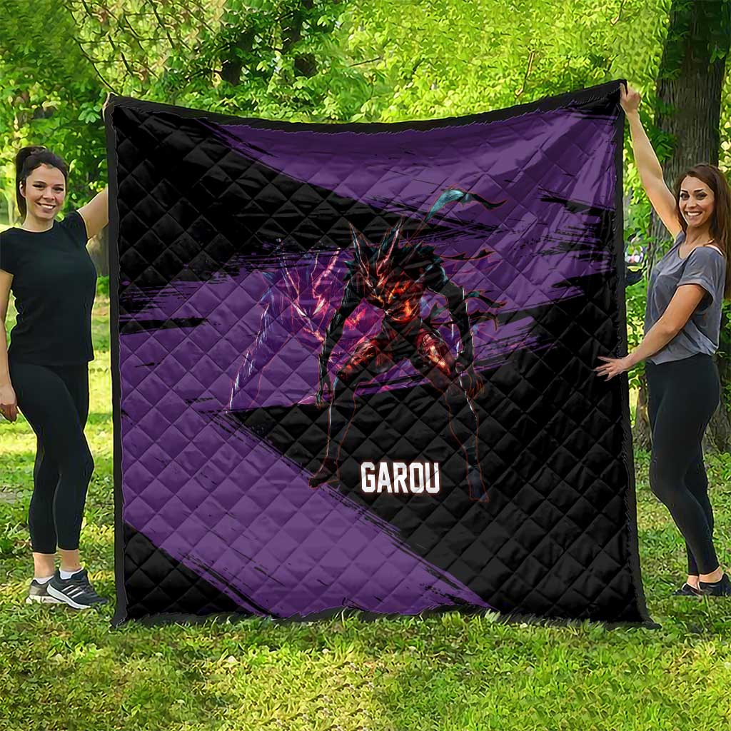 Garou One Punch Man Anime Purple and Black Theme Quilt with Hero and Monster Forms in Dynamic Battle Pose - The Mazicc