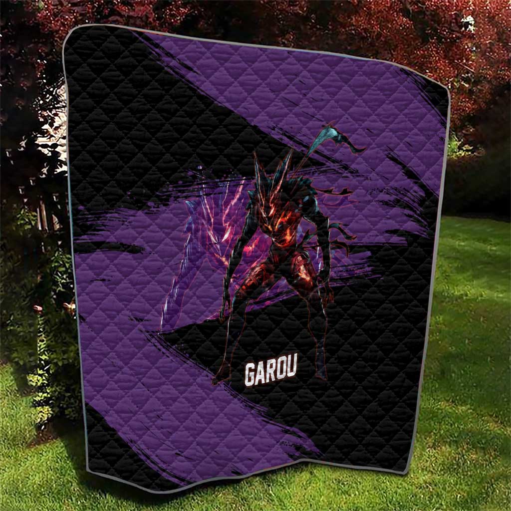 Garou One Punch Man Anime Purple and Black Theme Quilt with Hero and Monster Forms in Dynamic Battle Pose - The Mazicc