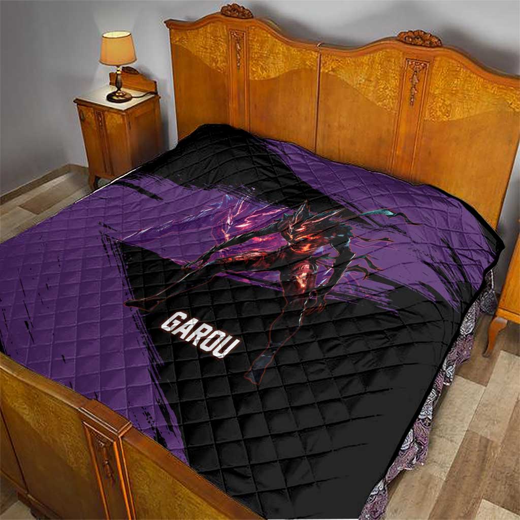 Garou One Punch Man Anime Purple and Black Theme Quilt with Hero and Monster Forms in Dynamic Battle Pose - The Mazicc