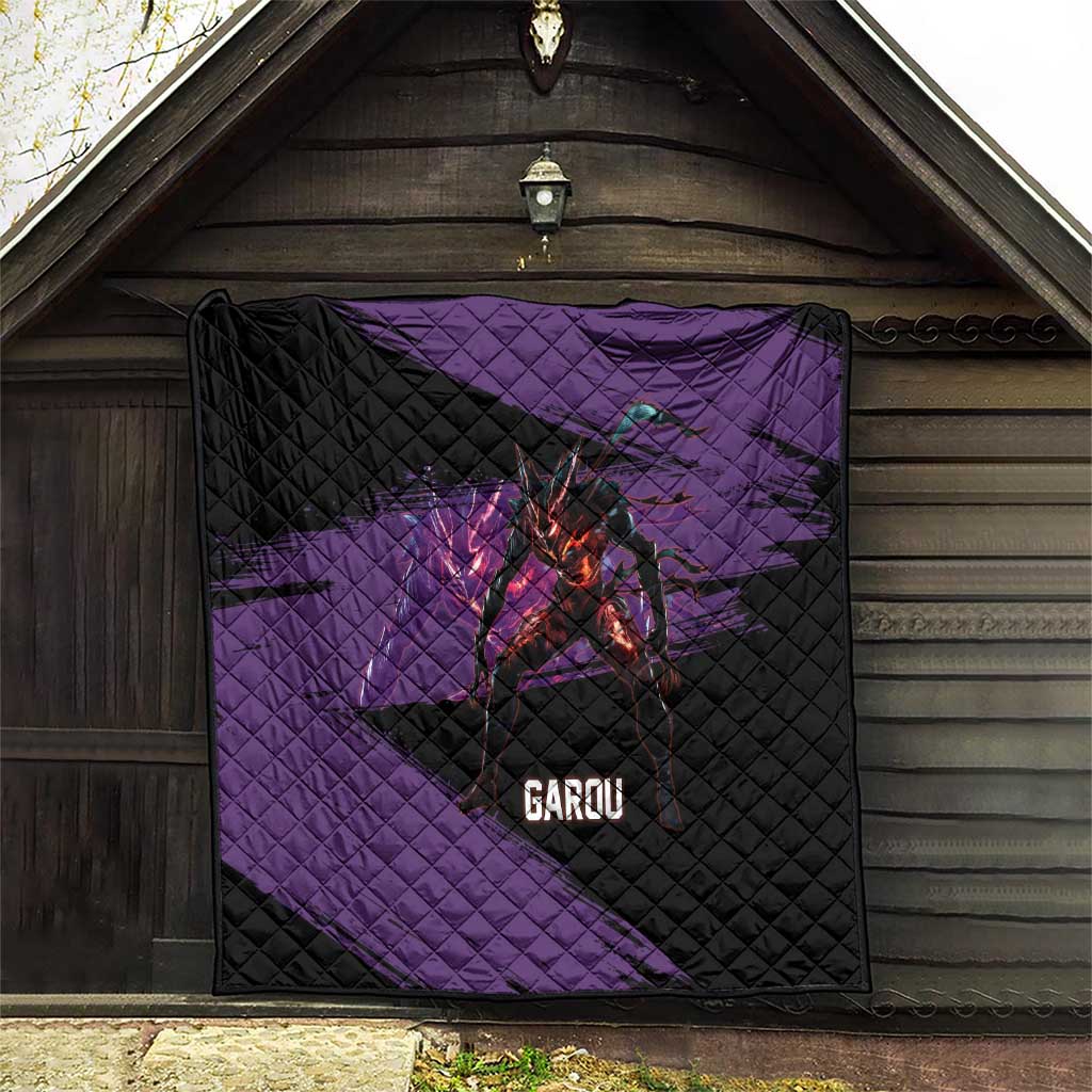 Garou One Punch Man Anime Purple and Black Theme Quilt with Hero and Monster Forms in Dynamic Battle Pose - The Mazicc