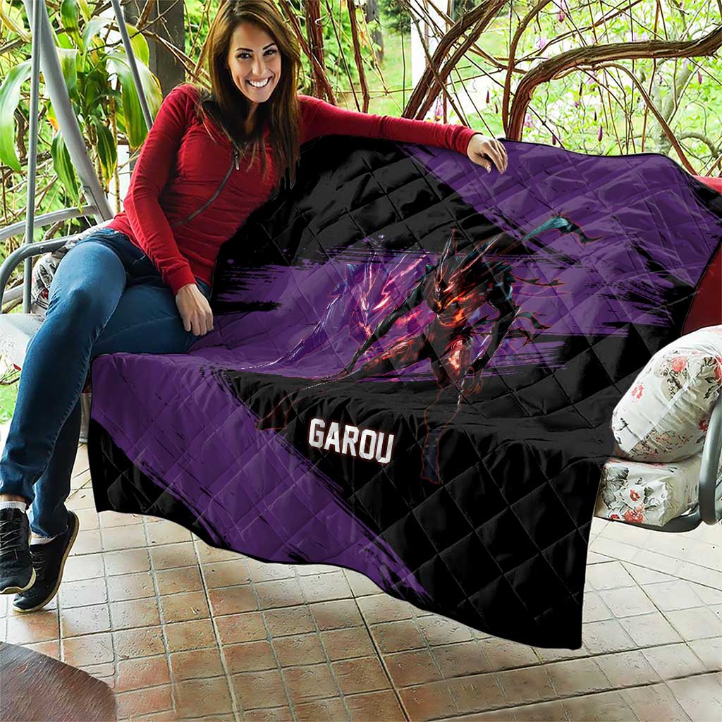 Garou One Punch Man Anime Purple and Black Theme Quilt with Hero and Monster Forms in Dynamic Battle Pose - The Mazicc