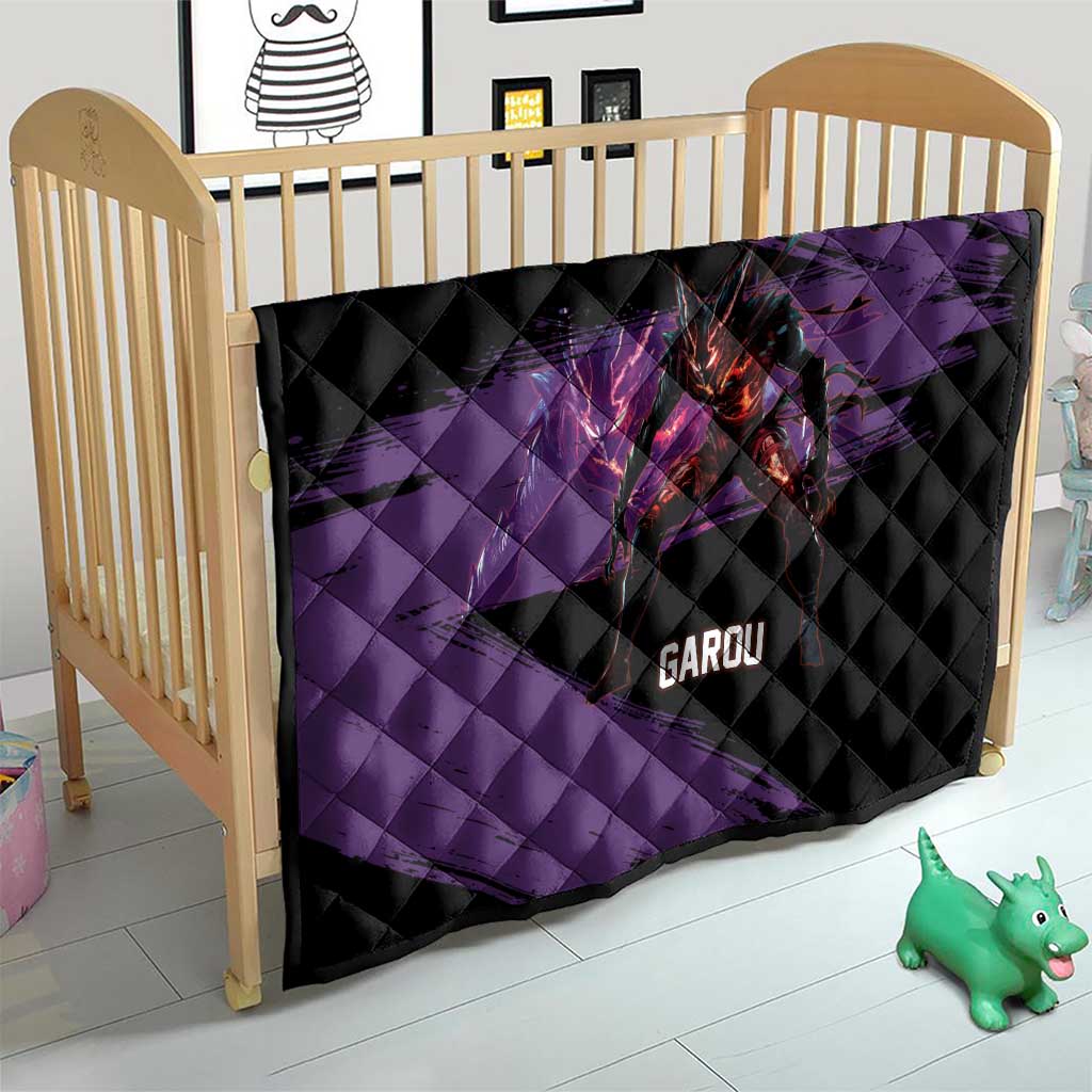 Garou One Punch Man Anime Purple and Black Theme Quilt with Hero and Monster Forms in Dynamic Battle Pose - The Mazicc