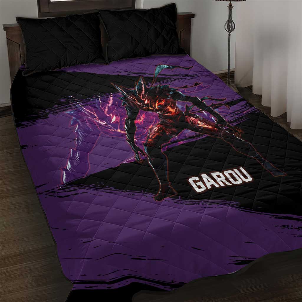 Garou One Punch Man Anime Purple and Black Theme Quilt Bed Set with Hero and Monster Forms in Dynamic Battle Pose - The Mazicc