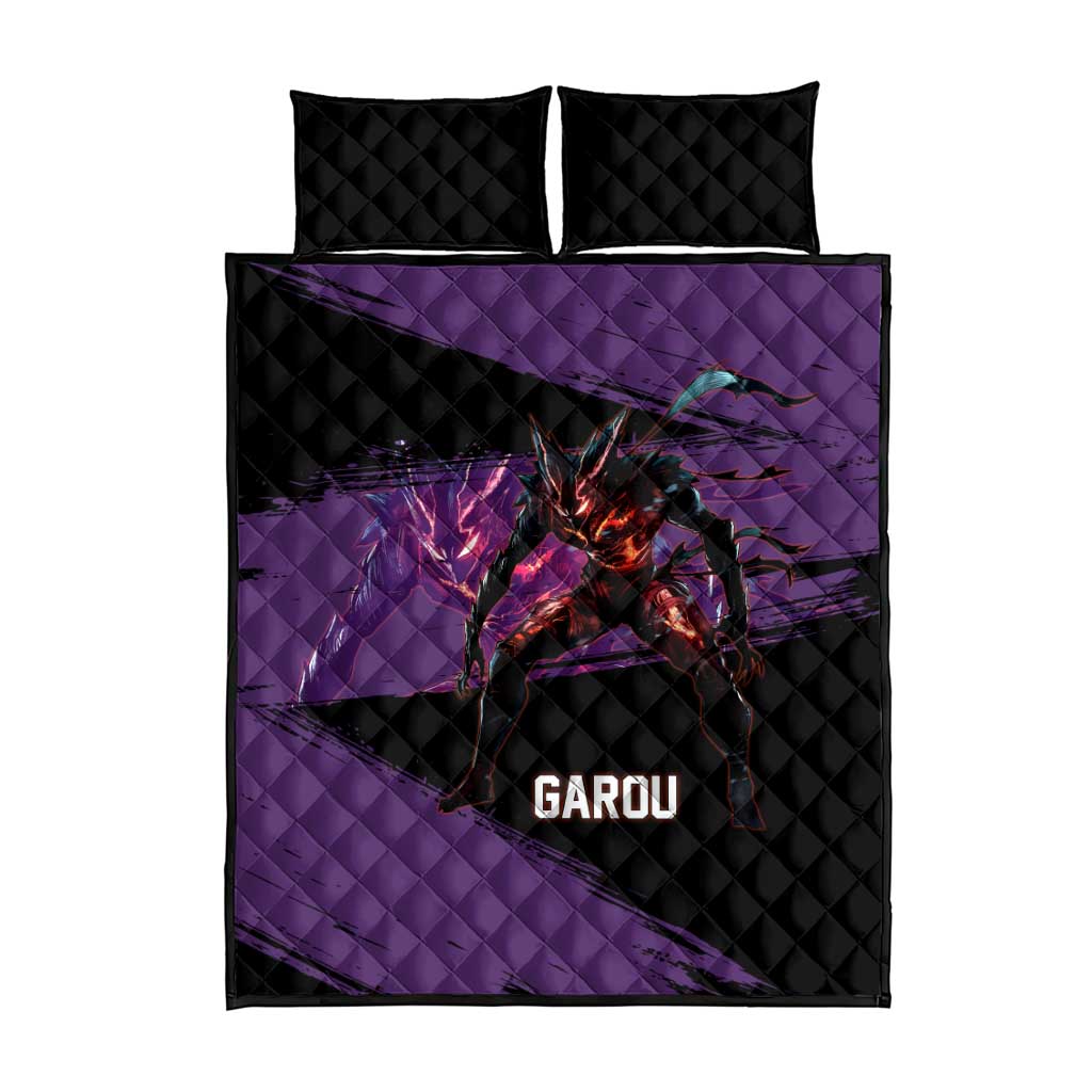 Garou One Punch Man Anime Purple and Black Theme Quilt Bed Set with Hero and Monster Forms in Dynamic Battle Pose - The Mazicc