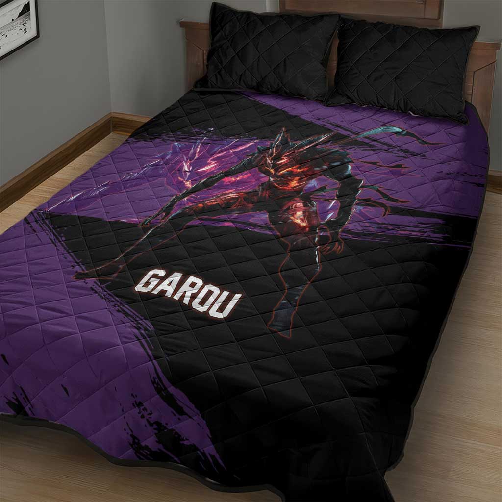 Garou One Punch Man Anime Purple and Black Theme Quilt Bed Set with Hero and Monster Forms in Dynamic Battle Pose - The Mazicc