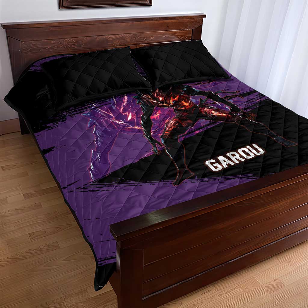 Garou One Punch Man Anime Purple and Black Theme Quilt Bed Set with Hero and Monster Forms in Dynamic Battle Pose - The Mazicc