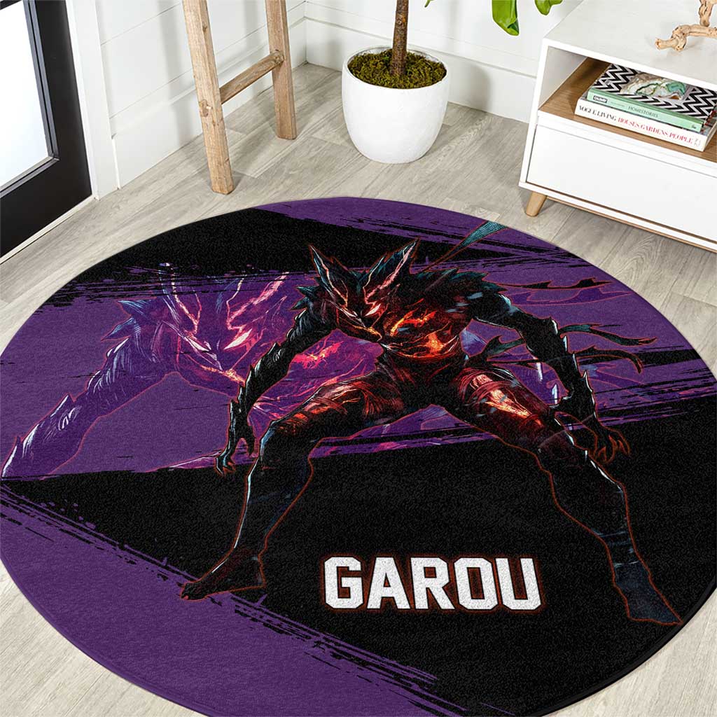 Garou One Punch Man Anime Purple and Black Theme Round Carpet with Hero and Monster Forms in Dynamic Battle Pose - The Mazicc