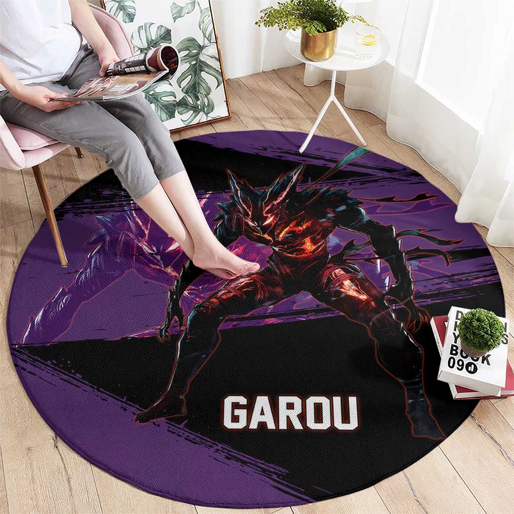 Garou One Punch Man Anime Purple and Black Theme Round Carpet with Hero and Monster Forms in Dynamic Battle Pose - The Mazicc
