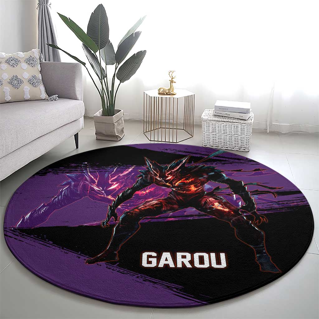 Garou One Punch Man Anime Purple and Black Theme Round Carpet with Hero and Monster Forms in Dynamic Battle Pose - The Mazicc