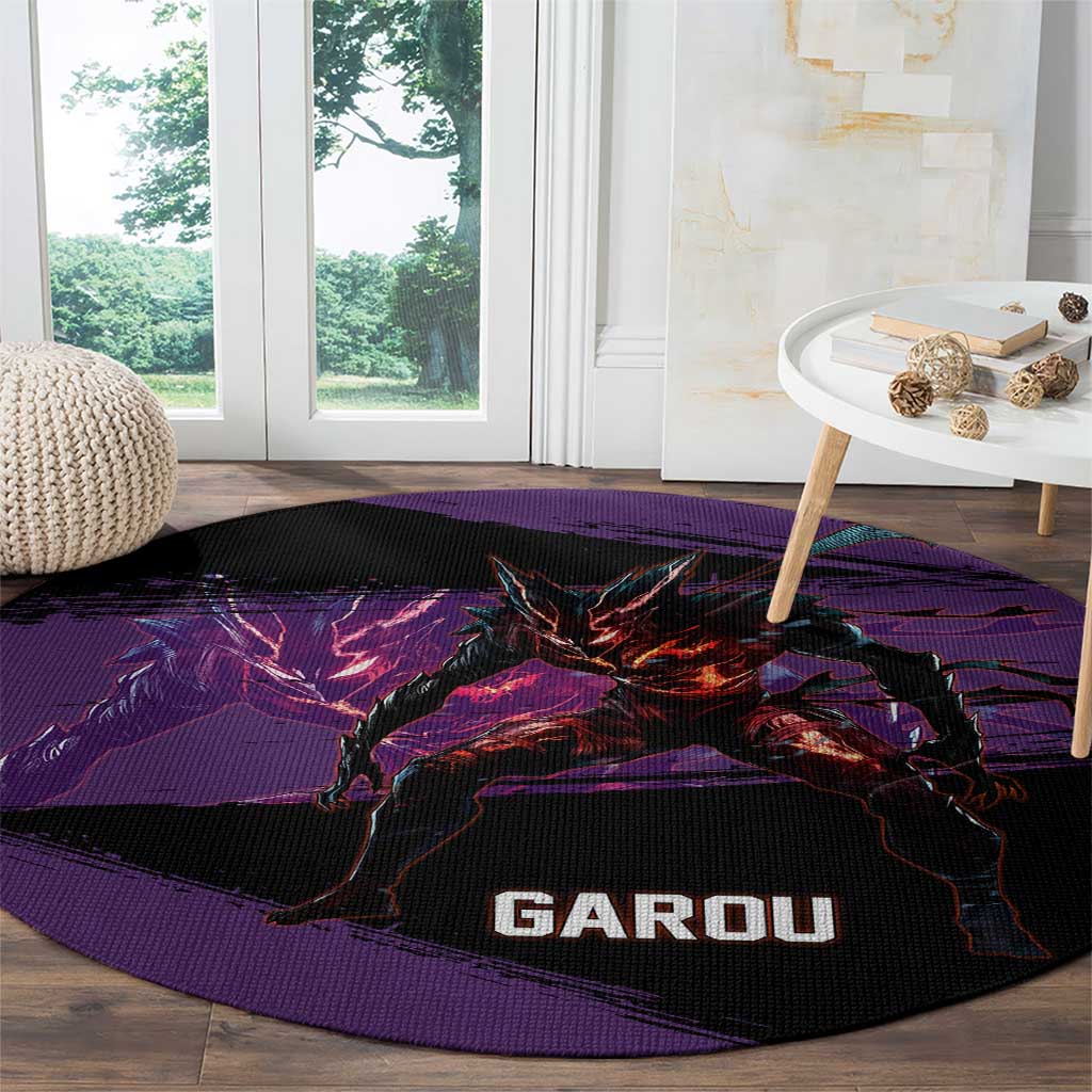Garou One Punch Man Anime Purple and Black Theme Round Carpet with Hero and Monster Forms in Dynamic Battle Pose - The Mazicc