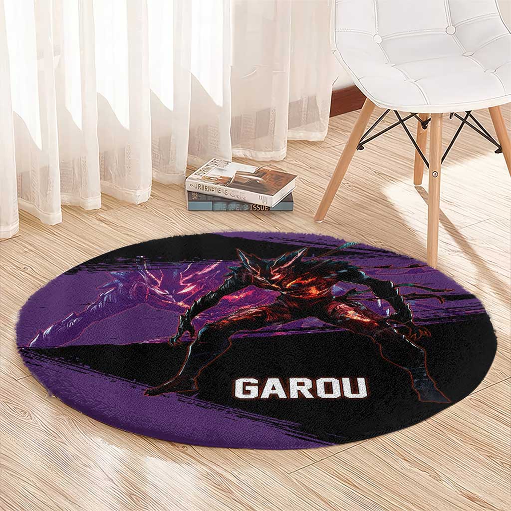 Garou One Punch Man Anime Purple and Black Theme Round Carpet with Hero and Monster Forms in Dynamic Battle Pose - The Mazicc
