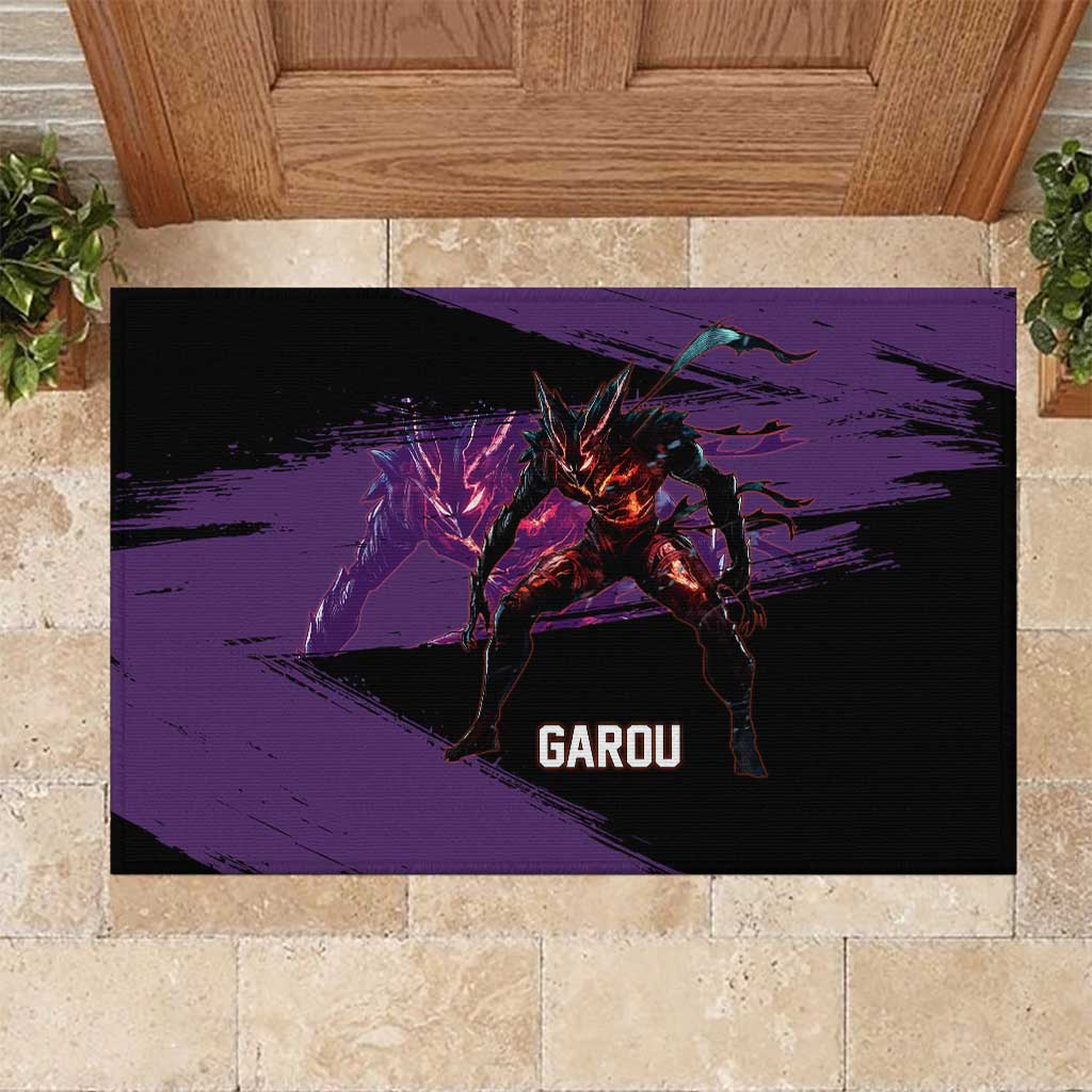 Garou One Punch Man Anime Purple and Black Theme Rubber Doormat with Hero and Monster Forms in Dynamic Battle Pose - The Mazicc
