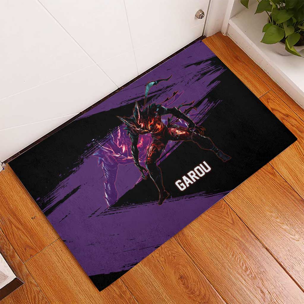 Garou One Punch Man Anime Purple and Black Theme Rubber Doormat with Hero and Monster Forms in Dynamic Battle Pose - The Mazicc