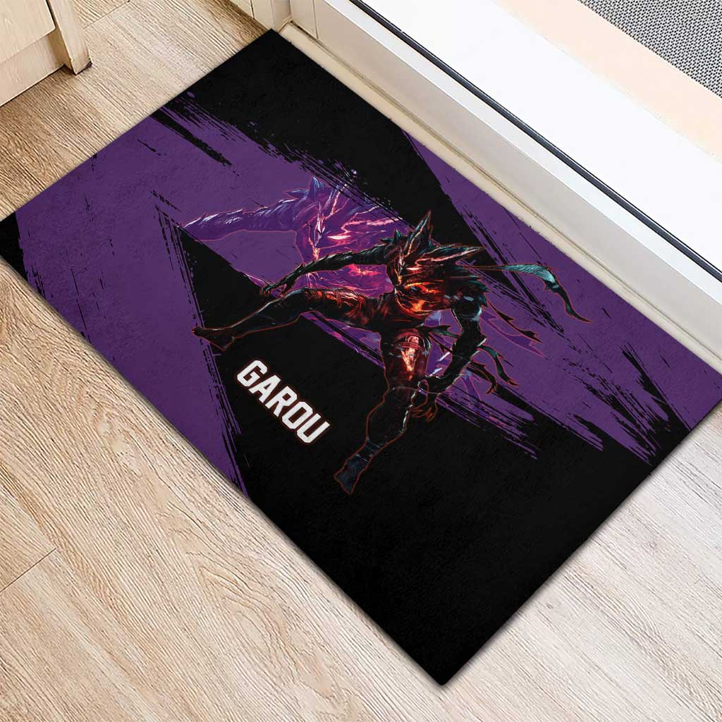 Garou One Punch Man Anime Purple and Black Theme Rubber Doormat with Hero and Monster Forms in Dynamic Battle Pose - The Mazicc