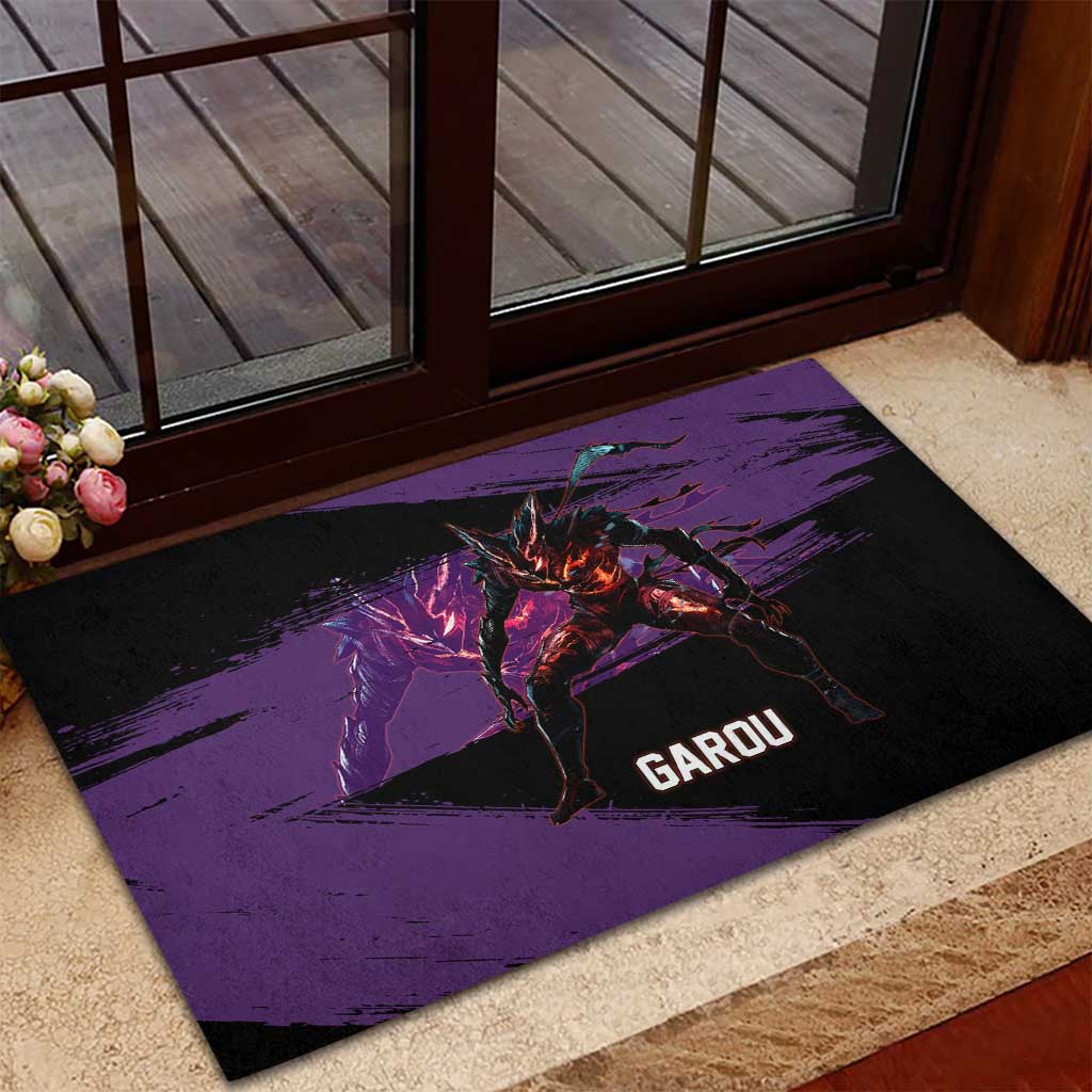 Garou One Punch Man Anime Purple and Black Theme Rubber Doormat with Hero and Monster Forms in Dynamic Battle Pose - The Mazicc