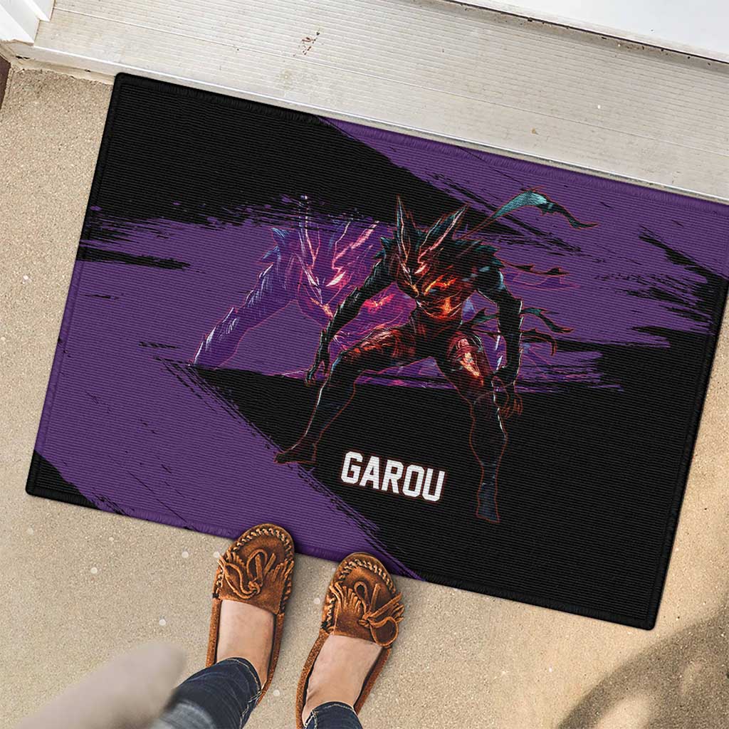 Garou One Punch Man Anime Purple and Black Theme Rubber Doormat with Hero and Monster Forms in Dynamic Battle Pose - The Mazicc