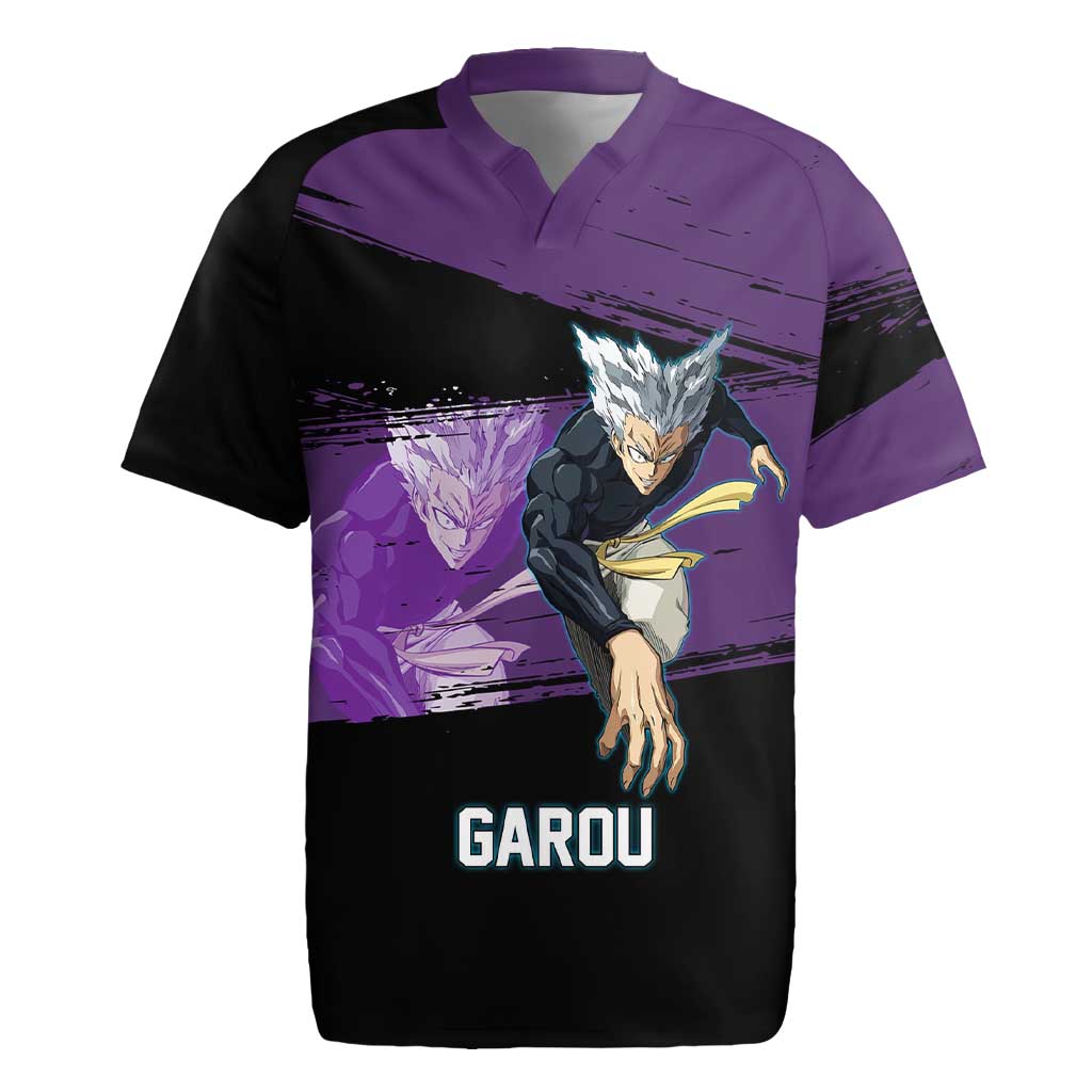 Garou One Punch Man Anime Purple and Black Theme Rugby Jersey with Hero and Monster Forms in Dynamic Battle Pose - The Mazicc