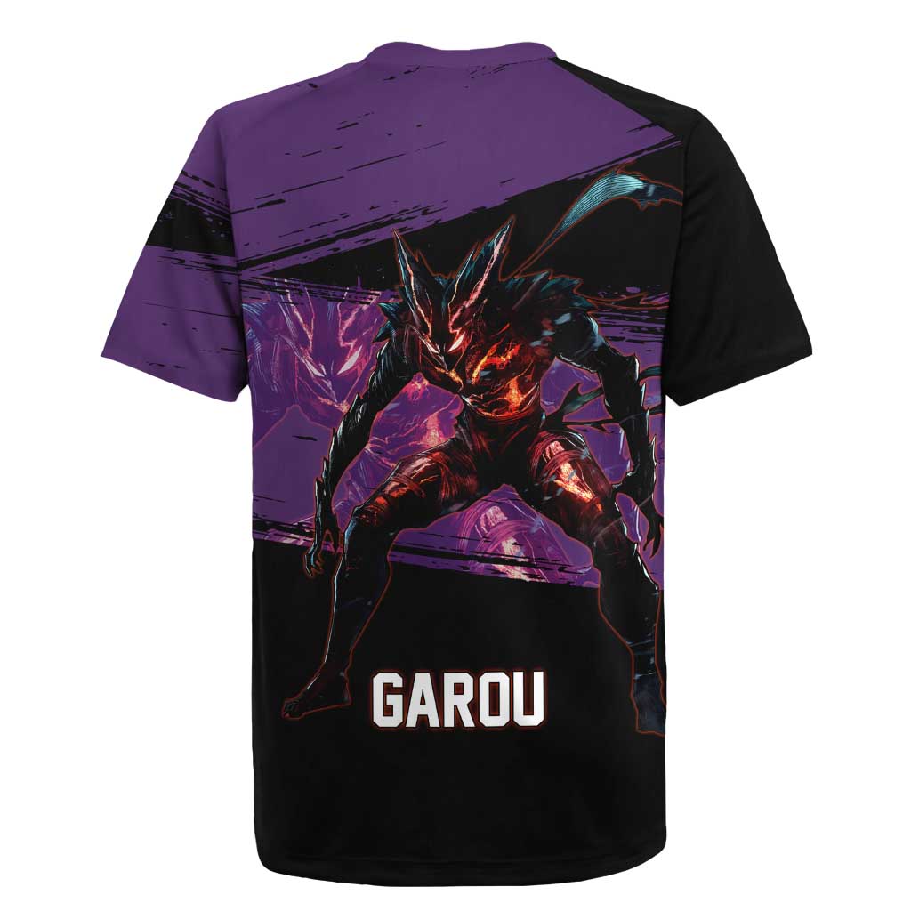 Garou One Punch Man Anime Purple and Black Theme Rugby Jersey with Hero and Monster Forms in Dynamic Battle Pose - The Mazicc