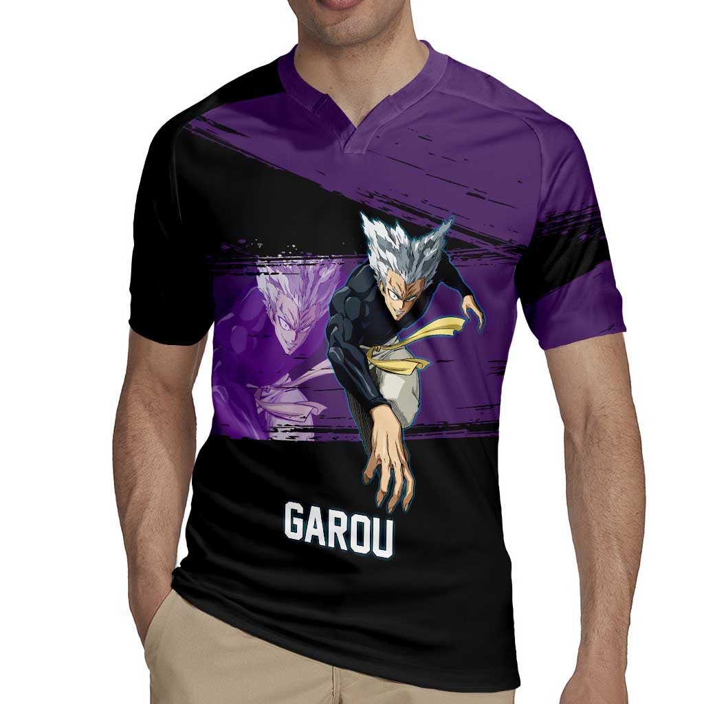 Garou One Punch Man Anime Purple and Black Theme Rugby Jersey with Hero and Monster Forms in Dynamic Battle Pose - The Mazicc
