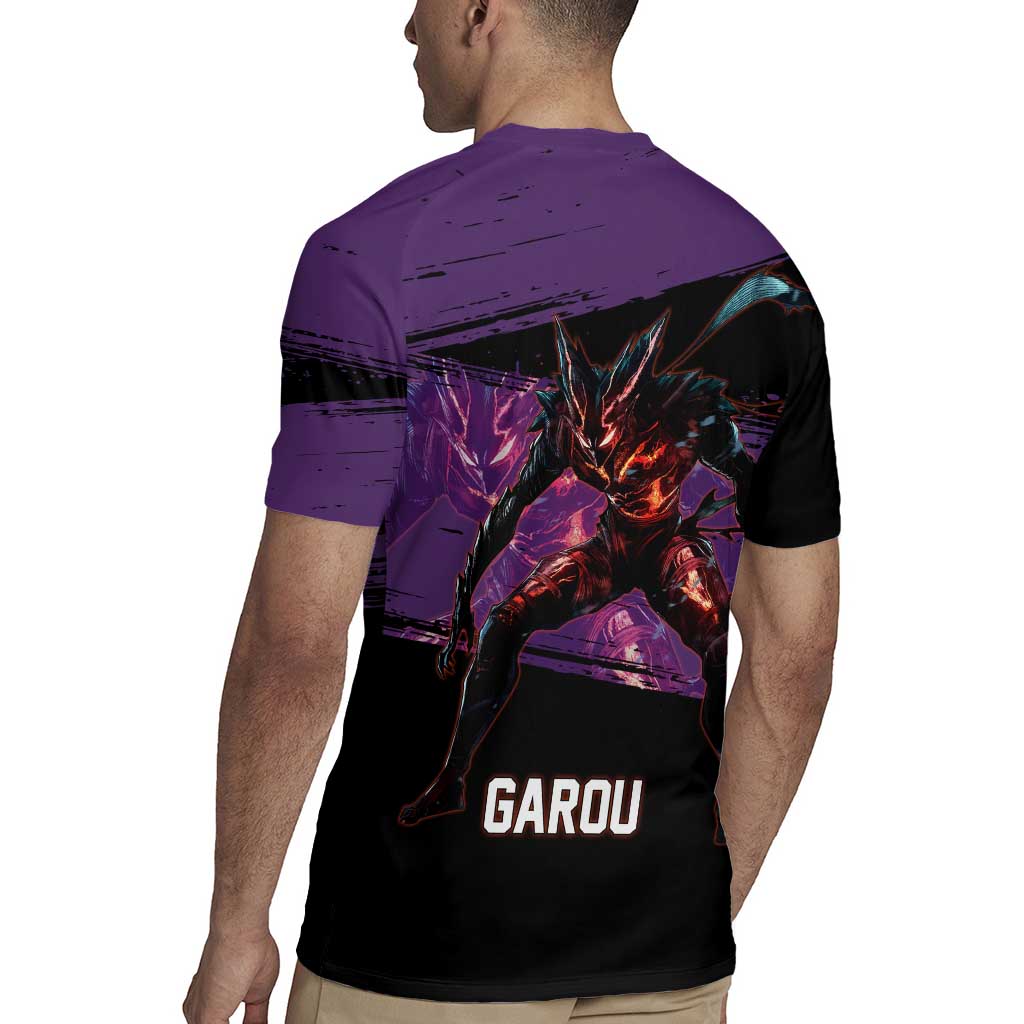 Garou One Punch Man Anime Purple and Black Theme Rugby Jersey with Hero and Monster Forms in Dynamic Battle Pose - The Mazicc