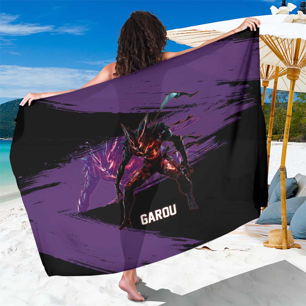 Garou One Punch Man Anime Purple and Black Theme Sarong with Hero and Monster Forms in Dynamic Battle Pose - The Mazicc