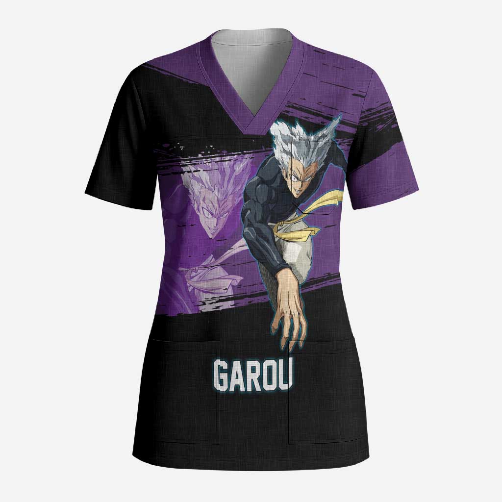 Garou One Punch Man Anime Purple and Black Theme Scrub Top with Hero and Monster Forms in Dynamic Battle Pose - The Mazicc