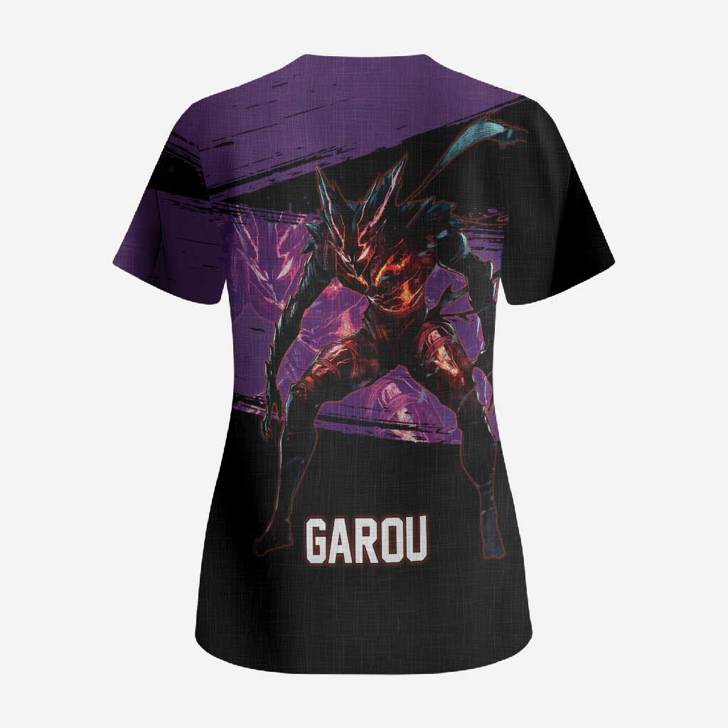 Garou One Punch Man Anime Purple and Black Theme Scrub Top with Hero and Monster Forms in Dynamic Battle Pose - The Mazicc