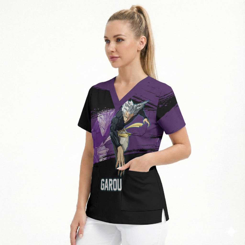 Garou One Punch Man Anime Purple and Black Theme Scrub Top with Hero and Monster Forms in Dynamic Battle Pose - The Mazicc