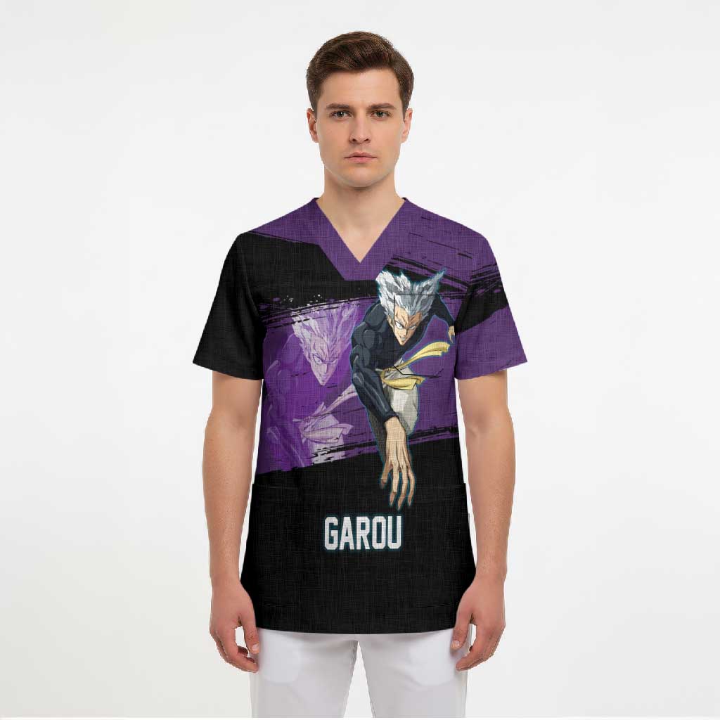 Garou One Punch Man Anime Purple and Black Theme Scrub Top with Hero and Monster Forms in Dynamic Battle Pose - The Mazicc