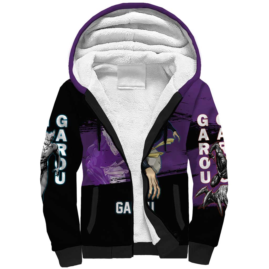 Garou One Punch Man Anime Purple and Black Theme Sherpa Hoodie with Hero and Monster Forms in Dynamic Battle Pose - The Mazicc