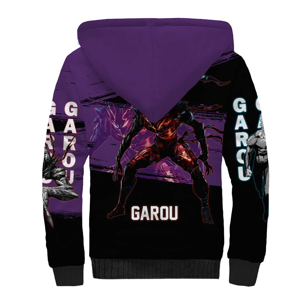 Garou One Punch Man Anime Purple and Black Theme Sherpa Hoodie with Hero and Monster Forms in Dynamic Battle Pose - The Mazicc
