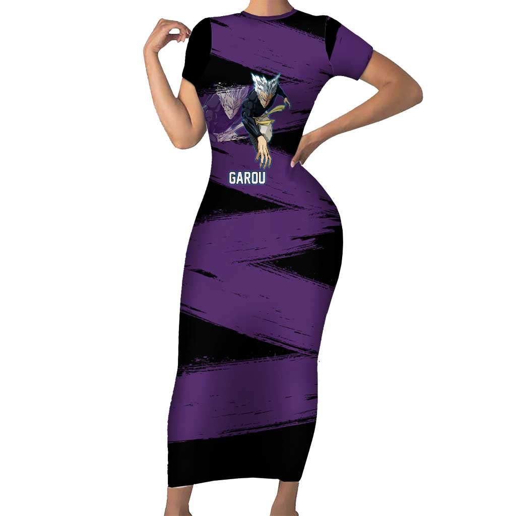 Garou One Punch Man Anime Purple and Black Theme Short Sleeve Bodycon Dress with Hero and Monster Forms in Dynamic Battle Pose - The Mazicc