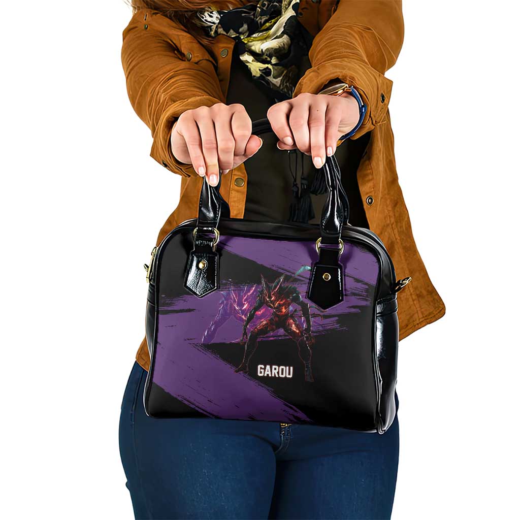 Garou One Punch Man Anime Purple and Black Theme Shoulder Handbag with Hero and Monster Forms in Dynamic Battle Pose - The Mazicc
