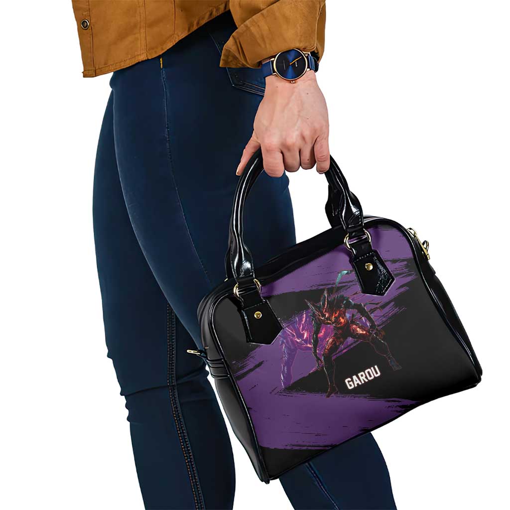 Garou One Punch Man Anime Purple and Black Theme Shoulder Handbag with Hero and Monster Forms in Dynamic Battle Pose - The Mazicc