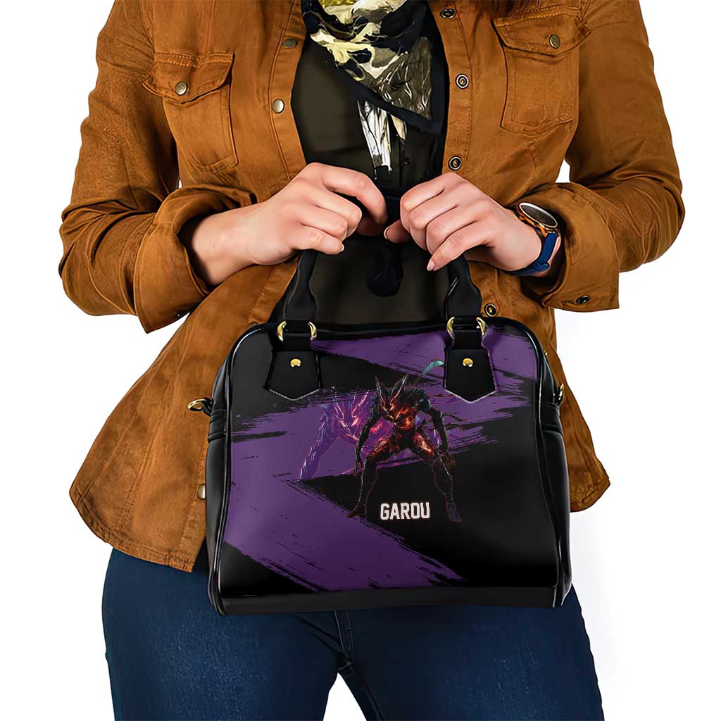 Garou One Punch Man Anime Purple and Black Theme Shoulder Handbag with Hero and Monster Forms in Dynamic Battle Pose - The Mazicc