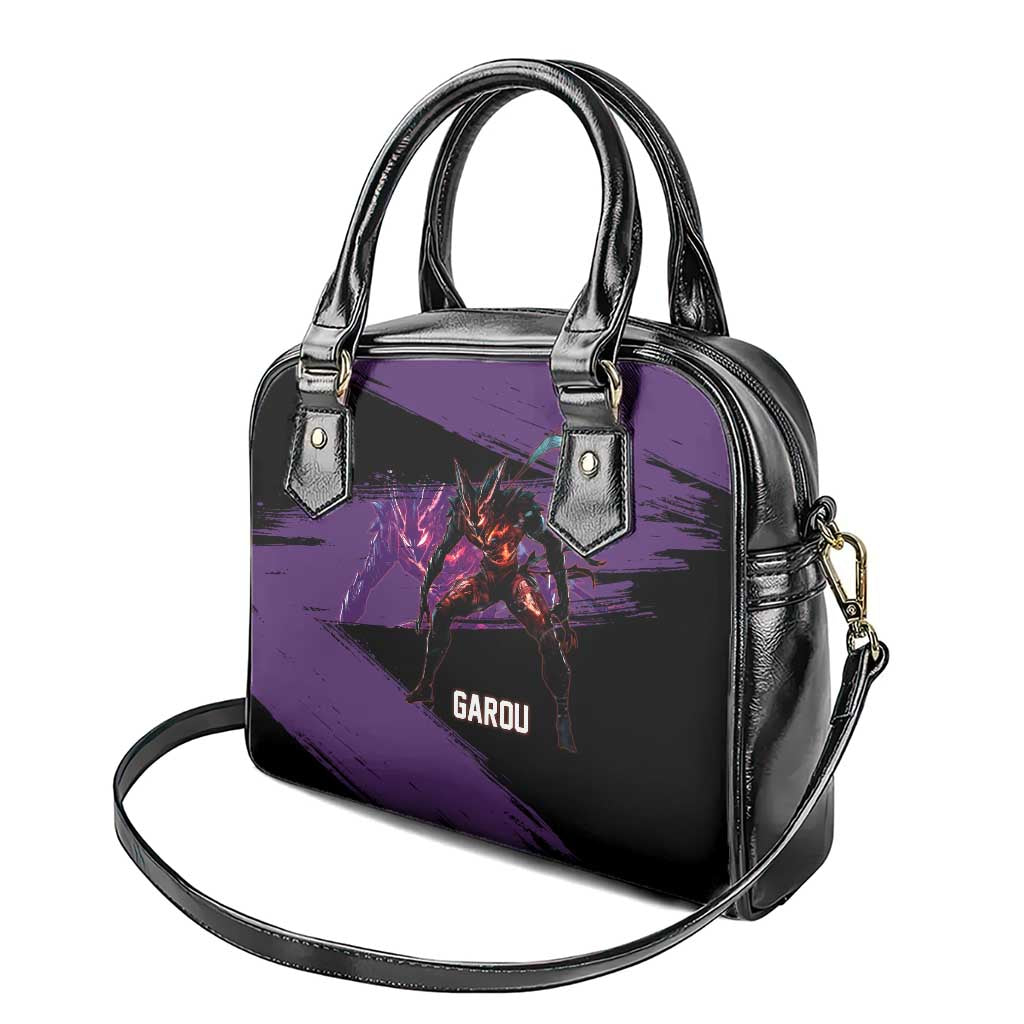 Garou One Punch Man Anime Purple and Black Theme Shoulder Handbag with Hero and Monster Forms in Dynamic Battle Pose - The Mazicc