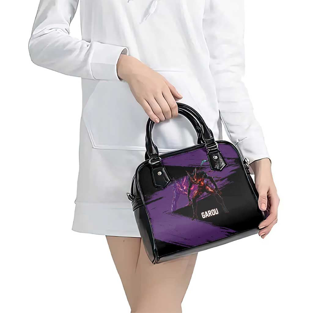 Garou One Punch Man Anime Purple and Black Theme Shoulder Handbag with Hero and Monster Forms in Dynamic Battle Pose - The Mazicc