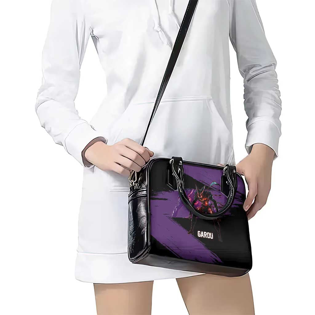 Garou One Punch Man Anime Purple and Black Theme Shoulder Handbag with Hero and Monster Forms in Dynamic Battle Pose - The Mazicc