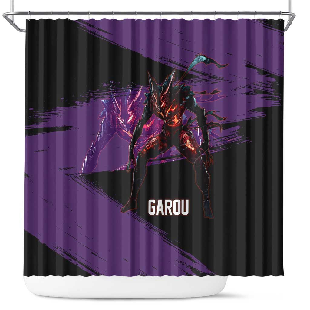 Garou One Punch Man Anime Purple and Black Theme Shower Curtain with Hero and Monster Forms in Dynamic Battle Pose - The Mazicc