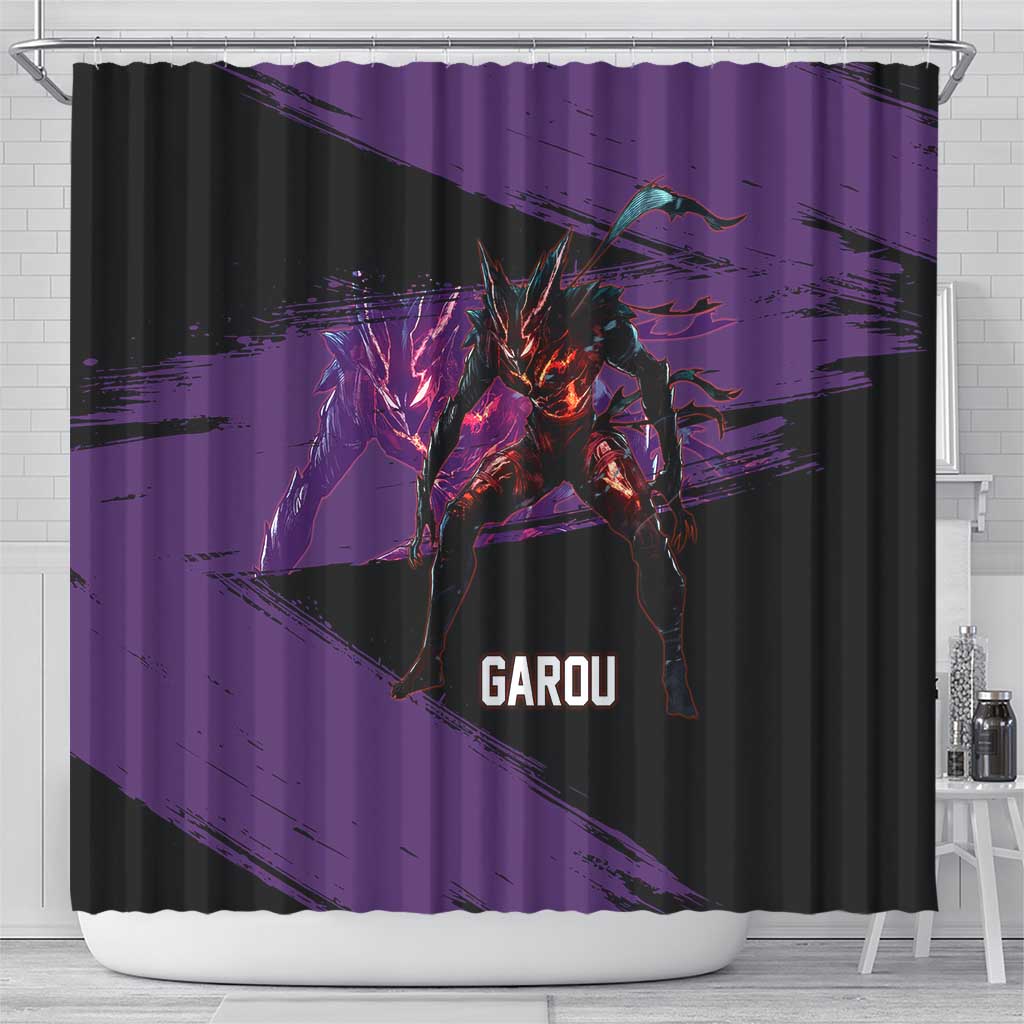 Garou One Punch Man Anime Purple and Black Theme Shower Curtain with Hero and Monster Forms in Dynamic Battle Pose - The Mazicc