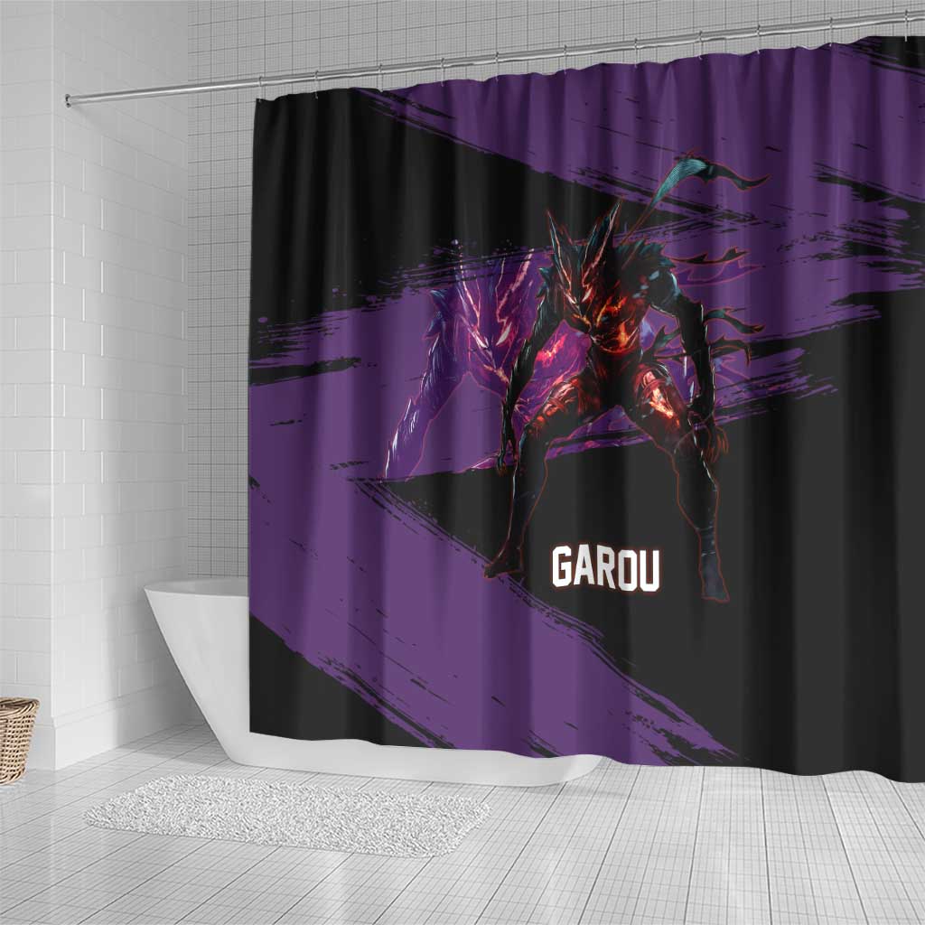 Garou One Punch Man Anime Purple and Black Theme Shower Curtain with Hero and Monster Forms in Dynamic Battle Pose - The Mazicc