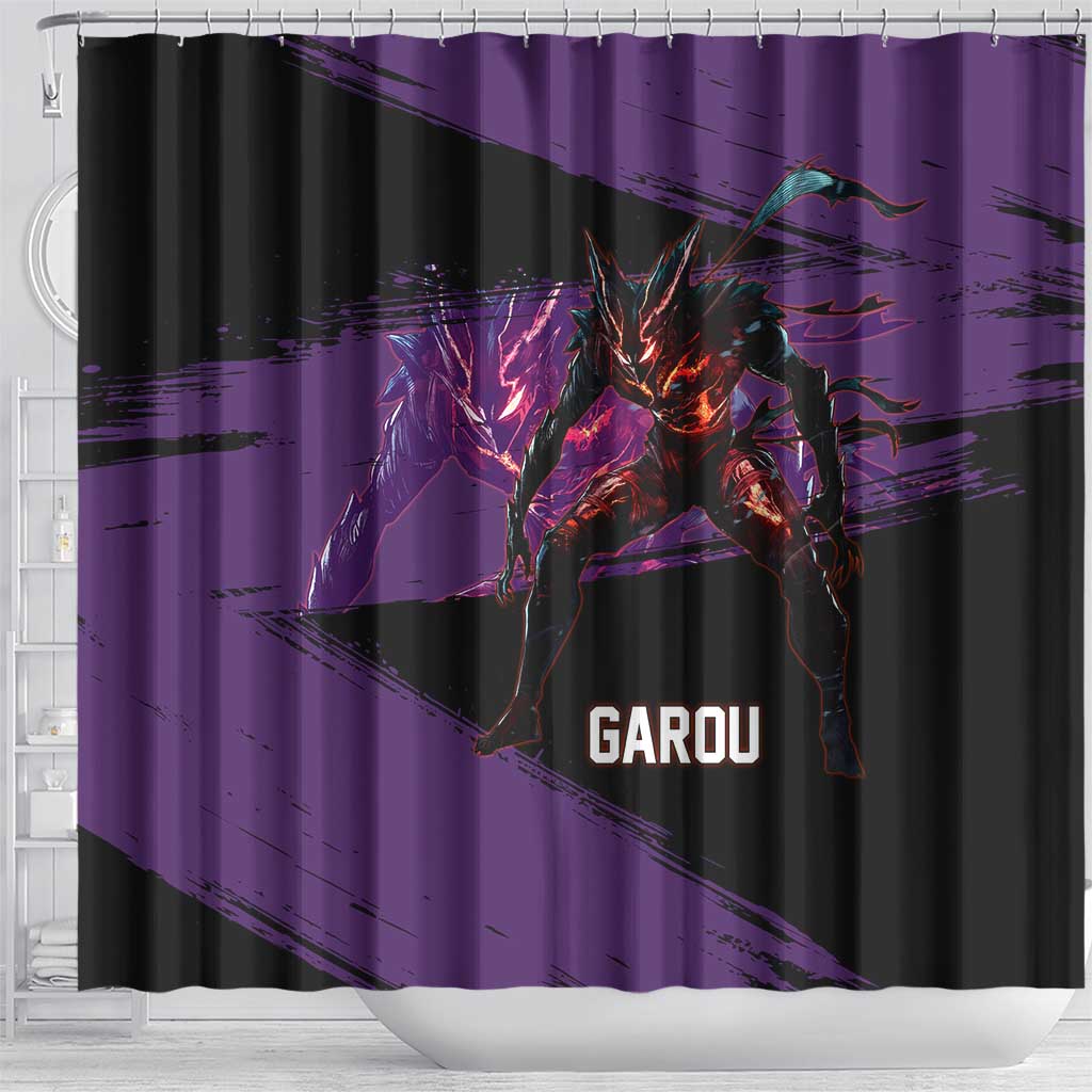 Garou One Punch Man Anime Purple and Black Theme Shower Curtain with Hero and Monster Forms in Dynamic Battle Pose - The Mazicc