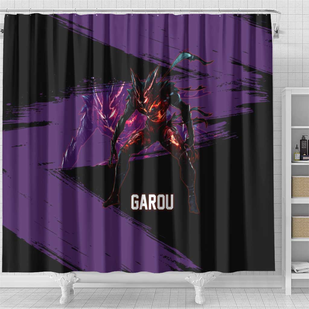 Garou One Punch Man Anime Purple and Black Theme Shower Curtain with Hero and Monster Forms in Dynamic Battle Pose - The Mazicc